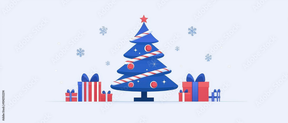 A vibrant, stylized Christmas tree surrounded by colorful gifts, evoking a festive holiday spirit in a cheerful, minimalist design. A vibrant, stylized Christmas tree surrounded by colorful gifts, evoking a festive holiday spirit in a cheerful, minimalist design.