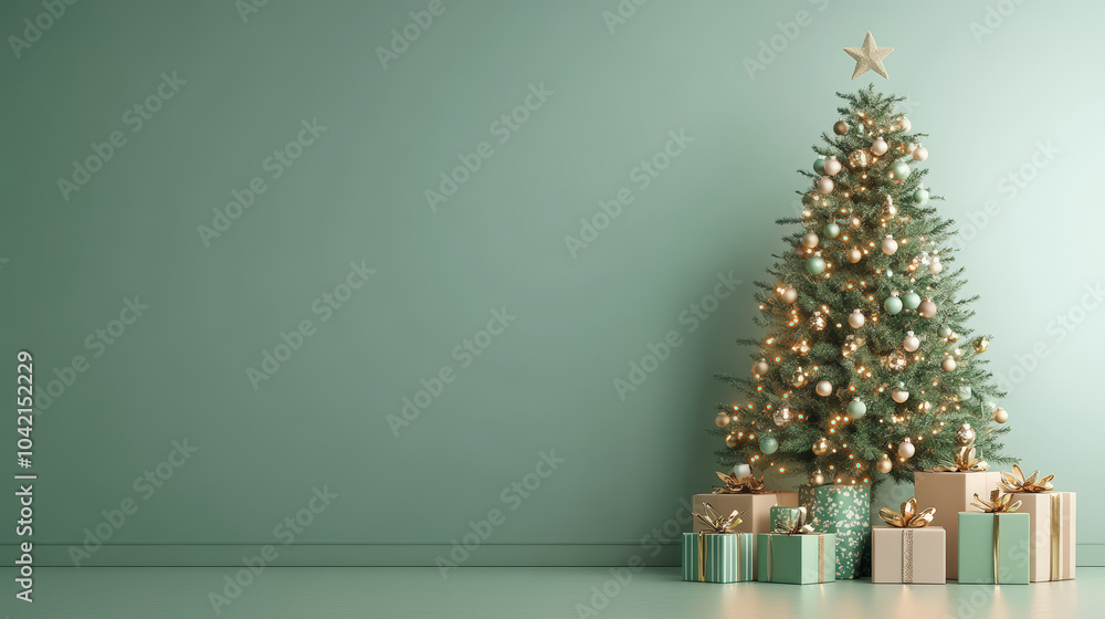 A beautifully decorated Christmas tree with golden lights and ornaments stands next to a stack of wrapped gifts against a muted green background. A beautifully decorated Christmas tree with golden lights and ornaments stands next to a stack of wrapped gifts against a muted green background.