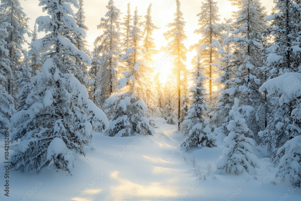 Obraz premium Golden sunrise over snow-covered pine forest in winter wonderland