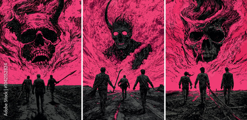 Horror comic manga movie posters color ink sketch vector concepts. Group back view mans weapons walking characters, attacking pink fog smoke ancient horned skull demon illustrations