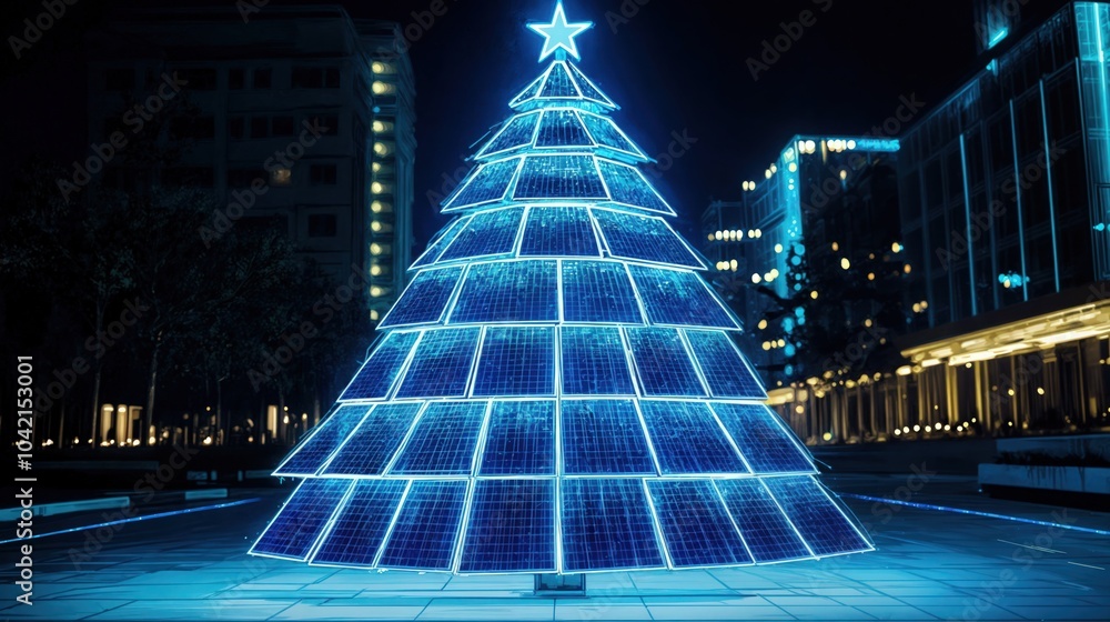 Futuristic Christmas tree made of glowing blue solar panels in a modern city at night