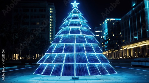 Obraz na płótnie Futuristic Christmas tree made of glowing blue solar panels in a modern city at night
w salonie