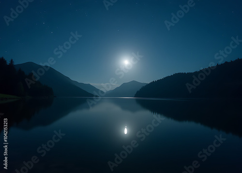 A peaceful lake at night, with the water still and reflecting the soft glow of the moon and stars. photo