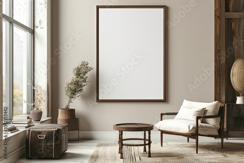 a mockup of an empty 3x4 blank poster, in a dark brown frame, in a living room with Contemporary architectural style and Afrocentric furniture, Generative Ai
