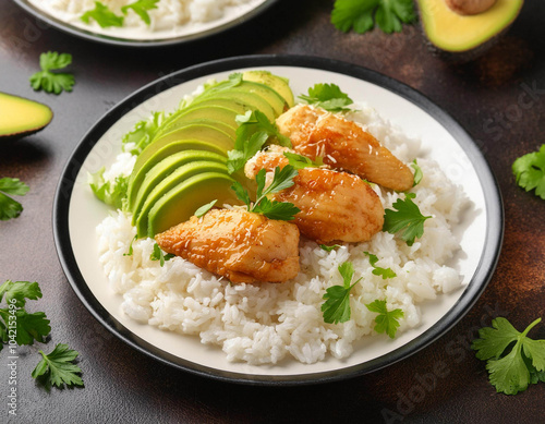 Delicious white rice fried chicken, Salad,Cheese and avocado along cilantro