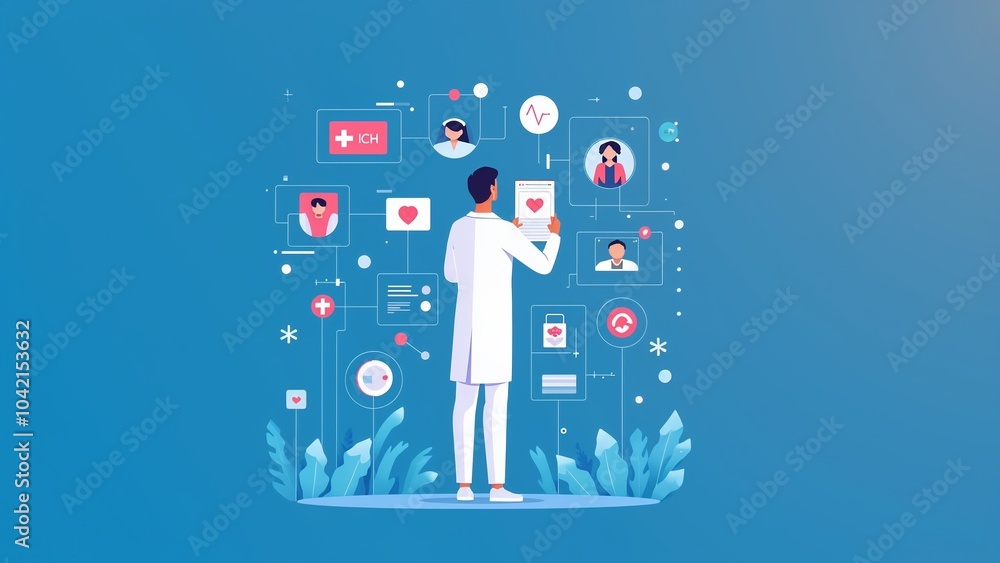Healthcare professional interacting with patient data and icons in digital interface design Healthcare professional interacting with patient data and icons in digital interface design