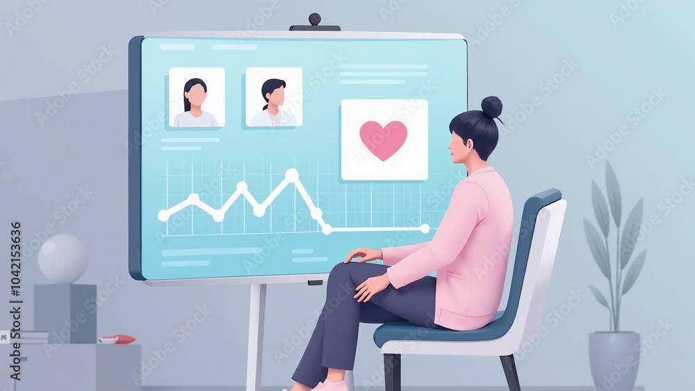 Woman analyzing health data trends on presentation board in modern office environment Woman analyzing health data trends on presentation board in modern office environment