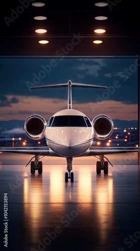 A sleek G650 jet awaits in a modern hangar illuminated by dramatic lighting, showcasing elegance and minimalistic design photo