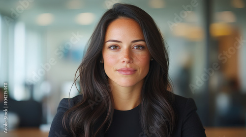 Wallpaper Mural Portrait of a woman with long dark hair, sitting in a modern office, looking directly at the camera, exuding confidence and professionalism. Torontodigital.ca
