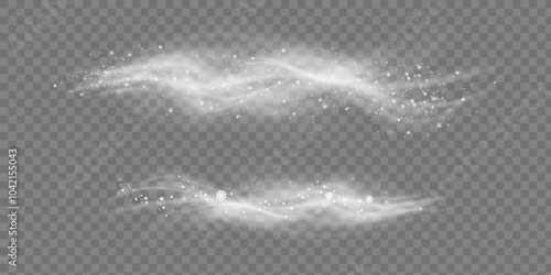 Snowstorm effect, blizzard and whirlwind on transparent background. Christmas winter snow wind with fog. Set of winter wind blow, cold air swirl, snow cloudiness or mist with snowflakes. Vector