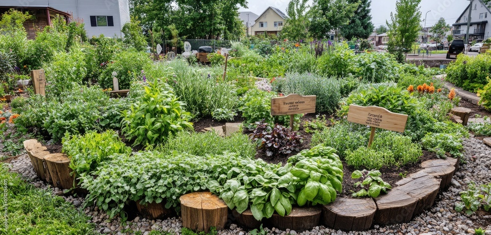A quaint shared herb garden in a housing colony, featuring a variety of lush herbs like basil, thyme, and rosemary, with rustic wooden signs for identification. A quaint shared herb garden in a housing colony, featuring a variety of lush herbs like basil, thyme, and rosemary, with rustic wooden signs for identification.