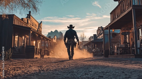 A lone cowboy strides through a dusty old western town at sunset. Tumbleweeds dance in the wind, capturing the essence of frontier life and nostalgia.