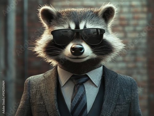 A dressed raccoon in sunglasses stands confidently against a brick wall, exuding a stylish and cool persona. photo