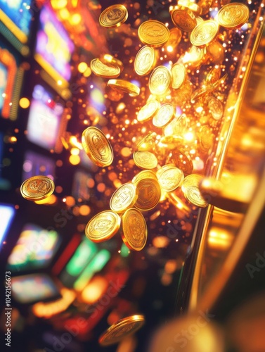 Golden coins spill from a slot machine, filling the air with glimmers of wealth and excitement in a vibrant casino environment. Generative AI photo