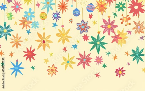 Colorful floral decorations hanging from the ceiling, creating a vibrant atmosphere for a festive celebration