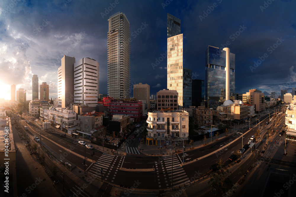 Fototapeta premium Tel Aviv, Allenby street sunset panorama