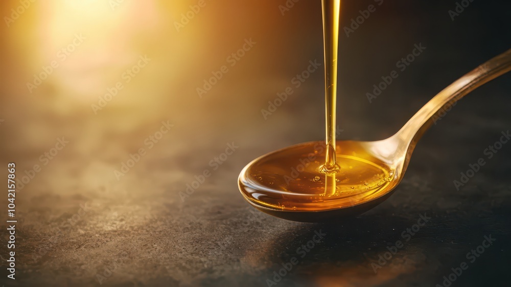 Honey pouring from a spoon, warm light highlights the golden liquid, textured background. Honey pouring from a spoon, warm light highlights the golden liquid, textured background.