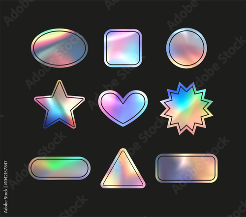 A set of holographic stickers in the form of geometric shapes on a black background.