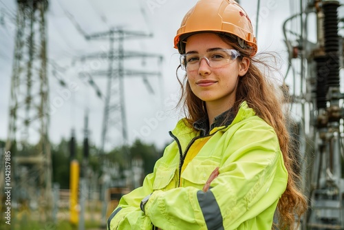 A woman wearing a hard hat and glasses poses confidently at an electrical substation, ready for her role in the energy industry on an overcast day photo