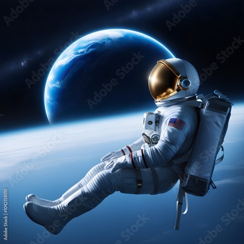 Outer space view with astronaut floating and Earth visible in the distance.