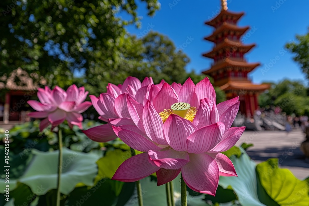 Fototapeta premium Lotus flowers blooming in the foreground, with the Summer Palaceâ€™s pagodas and pavilions visible in the background, symbolizing peace and beauty