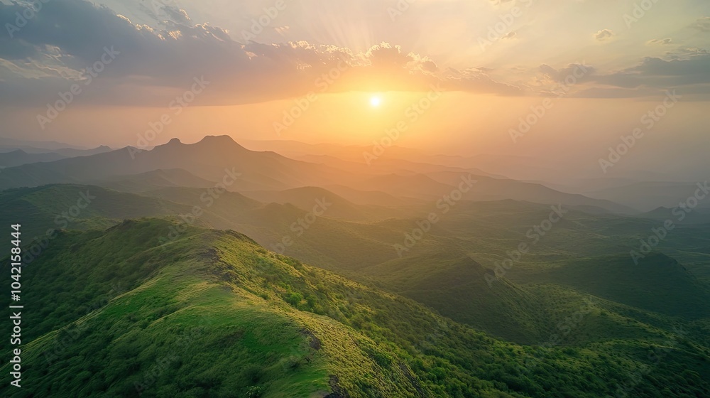 Obraz premium A breathtaking sunrise illuminating the Girnar Hills, casting a golden glow over the rugged terrain and lush greenery.