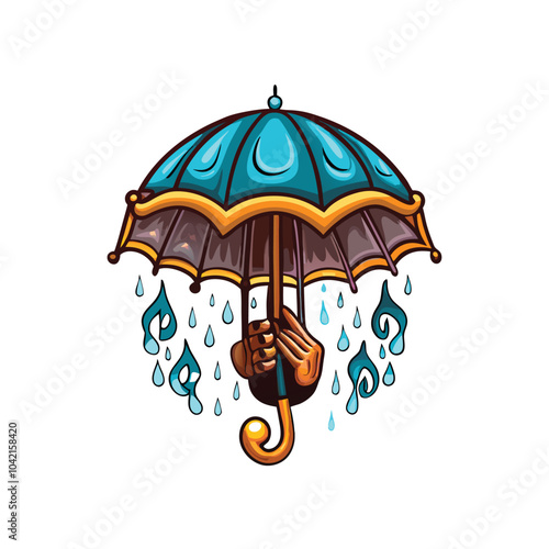 A cartoon illustration of a hand holding an umbrella with raindrops falling.