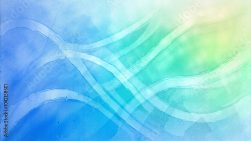 Soft blue and green watercolor wave background with gentle lines and copy space 