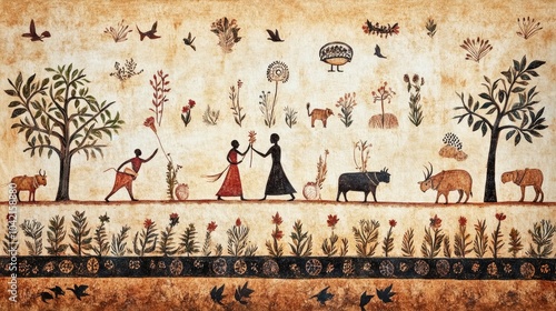 A captivating Warli painting of agricultural activities, depicting farmers and animals working together in a beautifully crafted environment.