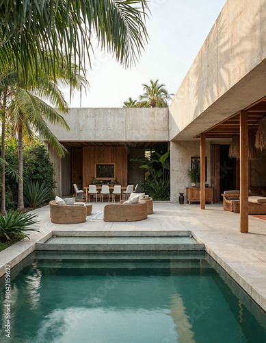 Modern concrete and wood house with swimming pool in the afternoon. Architecture. Tropical lushy garden. photo