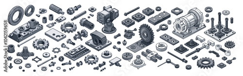 Isometry gears machinery parts components. Brackets bushings metal plates hinges invention nuts bolts cardan shafts shim spare details, isolated vector illustrations on white background