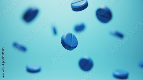 Blue pills fly chaotically on a blue background