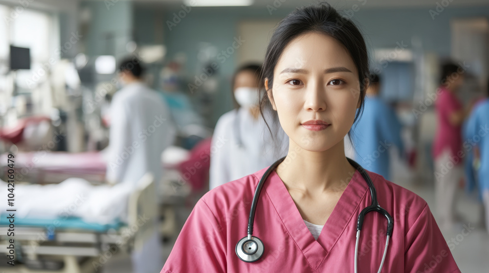 A healthcare professional in pink scrubs with a stethoscope stands confidently in a busy hospital ward filled with medical staff. A healthcare professional in pink scrubs with a stethoscope stands confidently in a busy hospital ward filled with medical staff.