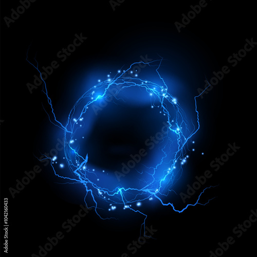 Round thunderbolt, blue circle bolt lightning, vector shine light rays ring with sparkles and fog, electricity explosion
