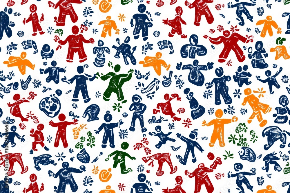 Fototapeta premium Minimalist banner of people around the globe, represented by simple, colorful outlines in a clean design