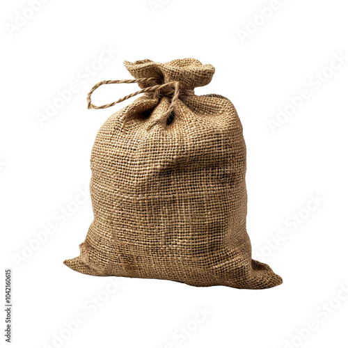 Brown Burlap Sack Tied with Rope Isolated on on white background