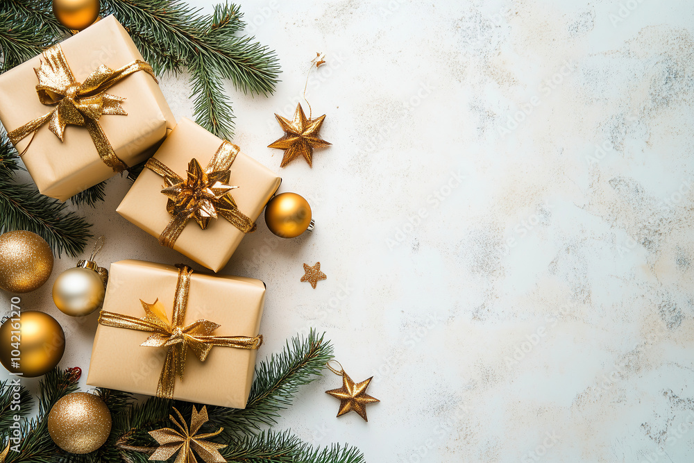 Festively wrapped presents with golden decorations and evergreen branches arranged for the holiday season on a light background. Generative AI Festively wrapped presents with golden decorations and evergreen branches arranged for the holiday season on a light background. Generative AI