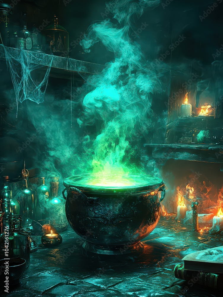 Bubbling cauldron emitting green smoke in a mystical, candlelit room. Evokes the magical atmosphere of witchcraft and enchantment. Bubbling cauldron emitting green smoke in a mystical, candlelit room. Evokes the magical atmosphere of witchcraft and enchantment.