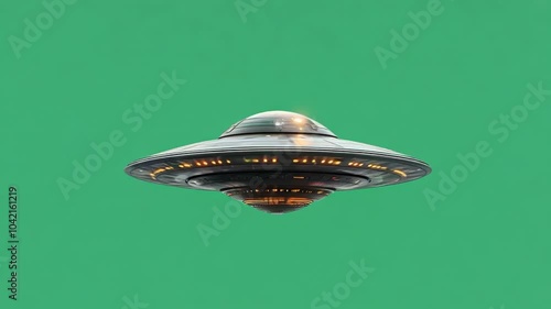 flying alien spaceship, UFO flying spinning on a green screen background, generative ai