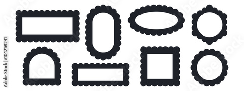 Set of rectangular, round, oval and square scalloped frames. Zig zag Wavy Edge. Abstract elements for tag, stickers. Vector illustrations set isolated on white