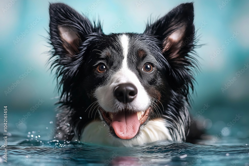 A close-up photo of a happy Border Collie swimming in water, with its wet fur, wide smile, and playful expression, creating a joyful and energetic scene A close-up photo of a happy Border Collie swimming in water, with its wet fur, wide smile, and playful expression, creating a joyful and energetic scene