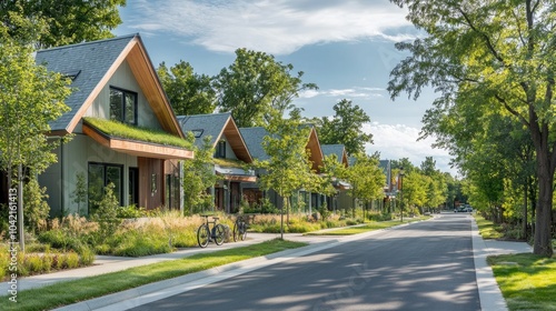 A quiet, pedestrian-friendly street in an eco-conscious community, with homes featuring green roofs, large trees, and bike paths along the side.