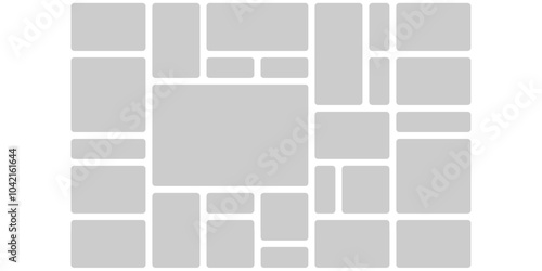 Image grid layout sticker background design. Photo bento rectangular square image montage. Curve picture gallery mobile sticker. Modular visual web app showcase. Game mosaic framework desktop template