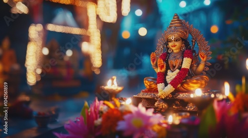 A festive setting showcasing Maa Durgaa??s idol, adorned with colorful lights and traditional decorations during a celebration. photo