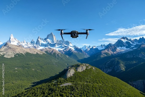 Monte Fitz Roy in a sci-fi setting, with drones flying around the peaks and futuristic buildings dotting the landscape beneath the iconic mountain