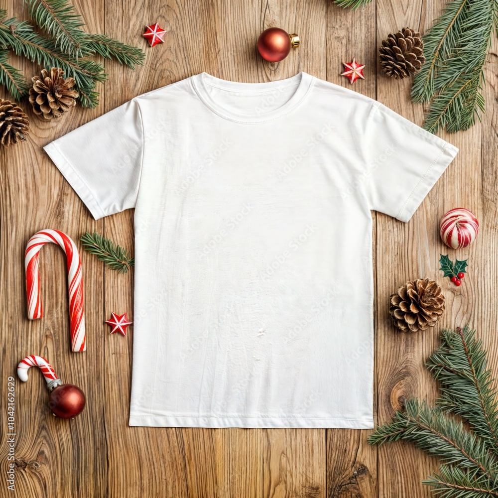 White t-shirt mockup with christmas decorations, pinecones, and candy canes on rustic wooden background