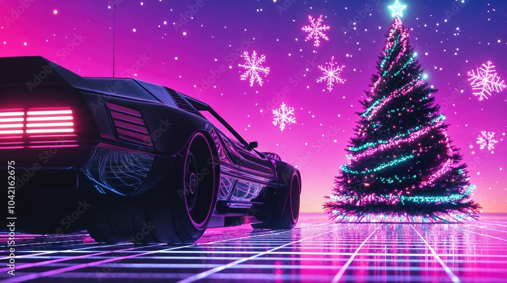 Retro futuristic car under neon sky with christmas tree and glowing snowflakes in cyberpunk style