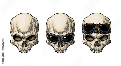 Skull with glasses for motorcycle. Color vintage vector engraving illustration. For poster and tattoo biker club. Hand drawn design element isolated on white background