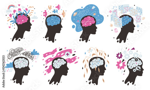 Black silhouette of a head with a brain for Mental Health Day. Flat style on isolated background.