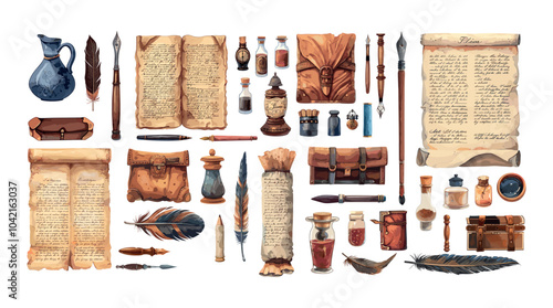 lettering medieval calligraphy accessories cartoon vector set. Flask vial inkwell scroll manuscripts quill feather pens paper knives, poets writers stuff, isolated illustrations on white background